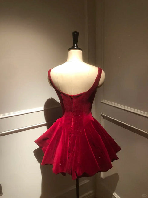 Lovely Wine Red A Line Straps Beaded Velvet Short Prom Dress, Wine Red Homecoming Dress
