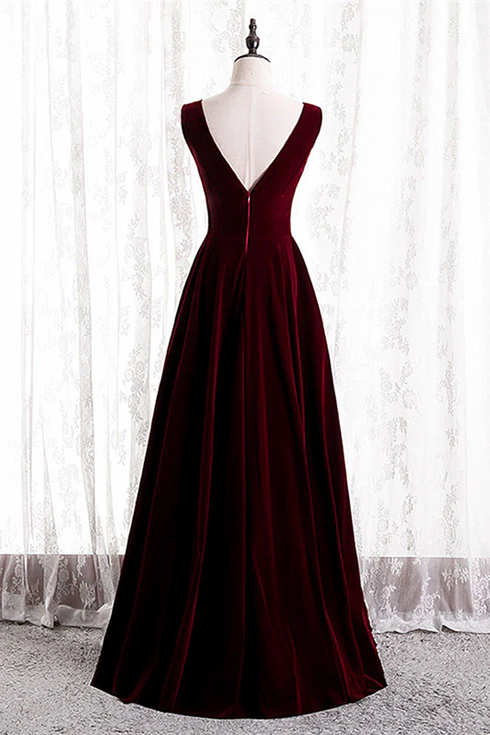 Wine Red Velvet V-neckline Simple Long Party Dress, Wine Red Bridesmaid Dress