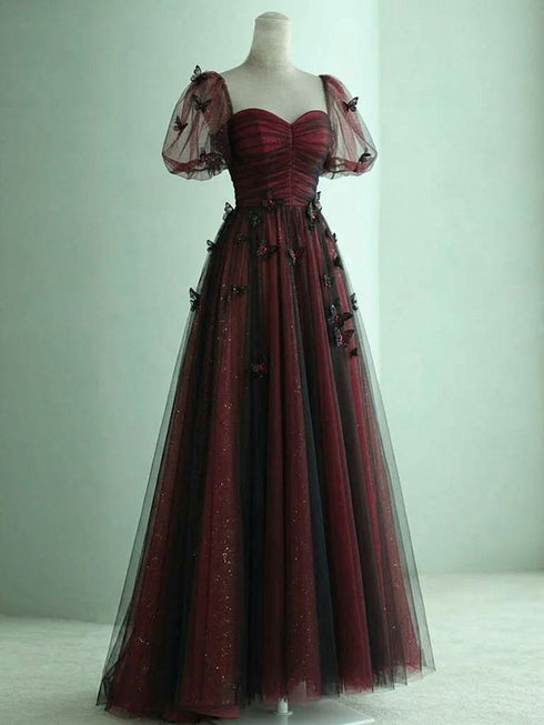 Gothic Black and Red Tulle Evening Dress with 3D Butterflies, Puff Sleeves Sweetheart Tulle Prom Dress