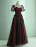 Gothic Black and Red Tulle Evening Dress with 3D Butterflies, Puff Sleeves Sweetheart Tulle Prom Dress