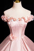 Pink Satin Off Shoulder Flowers Long Prom Dress, Pink Satin Sweetheart Party Dress