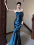 Blue Soft Satin Sweetheart Strapless Long Party Dress, Blue Satin Evening Dress Prom Dress