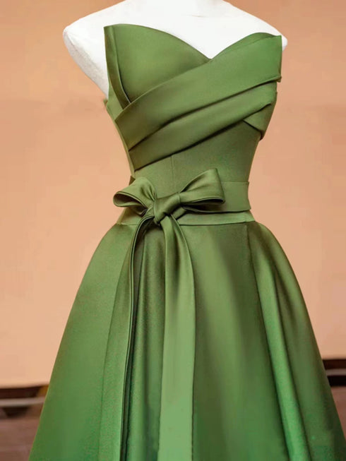 Green Satin V-neckline Floor Length Party Dress, A-line Simple Green Prom Dress