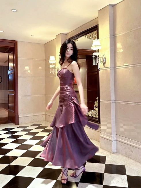 Lovely Satin Purple Straps Mermaid Long Formal Dress, Purple Prom Dress Party Dress