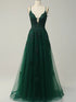 Lovely V-neckline Green Tulle with Lace Applique Prom Dress, Green Straps Long Formal Dress