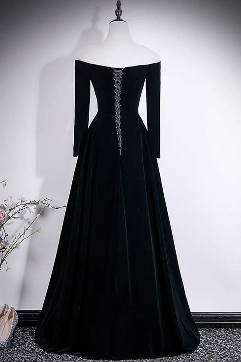 A-line Black Velvet Long Sleeves Beaded Prom Dress, Black Round Neckline Party Dress