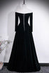 A-line Black Velvet Long Sleeves Beaded Prom Dress, Black Round Neckline Party Dress