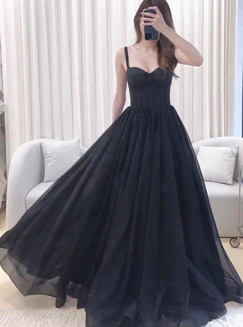 A-line Black Tulle Sweetheart Straps Long Party Dress, Black Tulle Prom Dress