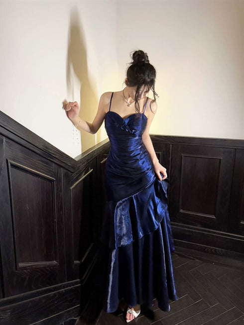 Navy Blue Sweetheart Straps Mermaid Party Dress, Navy Blue Sweetheart Prom Dress