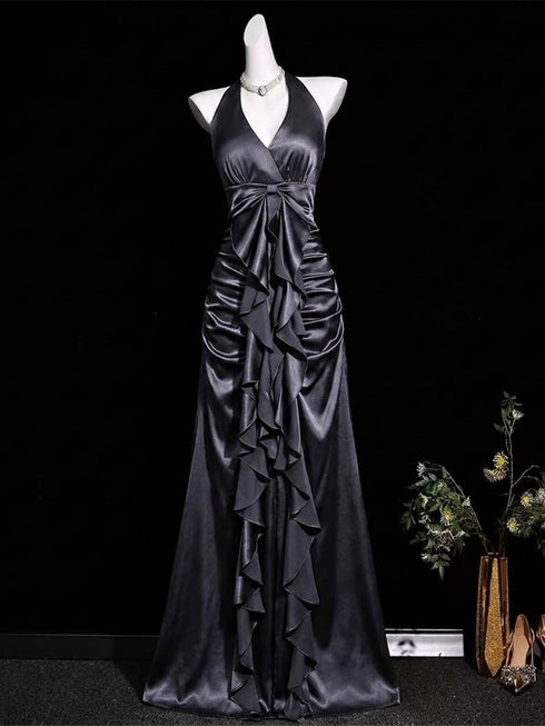 Black A-line Satin Halter Ruffle Maxi Prom Dress, Black V-neckline Evening Gown with Ruffle