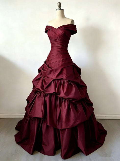 Charming Wine Red Sweetheart Off Shoulder Tiered Prom Dress, Wine Red Gothic Sweet 16 Gown