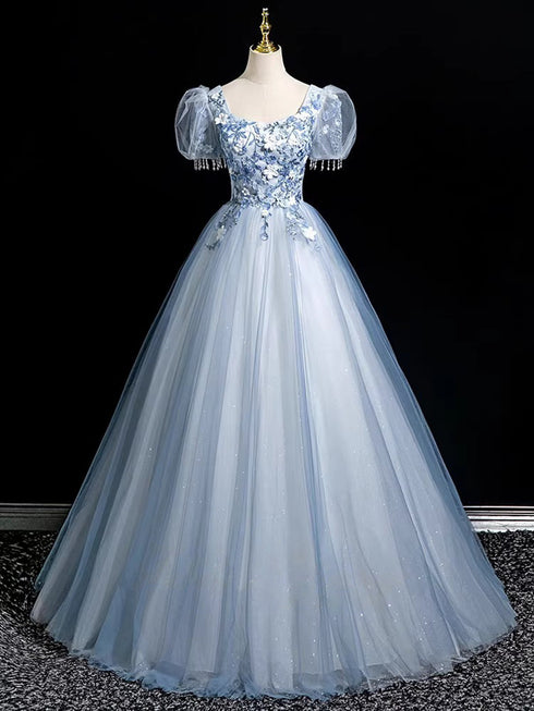 Light Blue Tulle with Lace Short Sleeves Party Dress, Light Blue Tulle Prom Dress