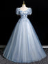 Light Blue Tulle with Lace Short Sleeves Party Dress, Light Blue Tulle Prom Dress