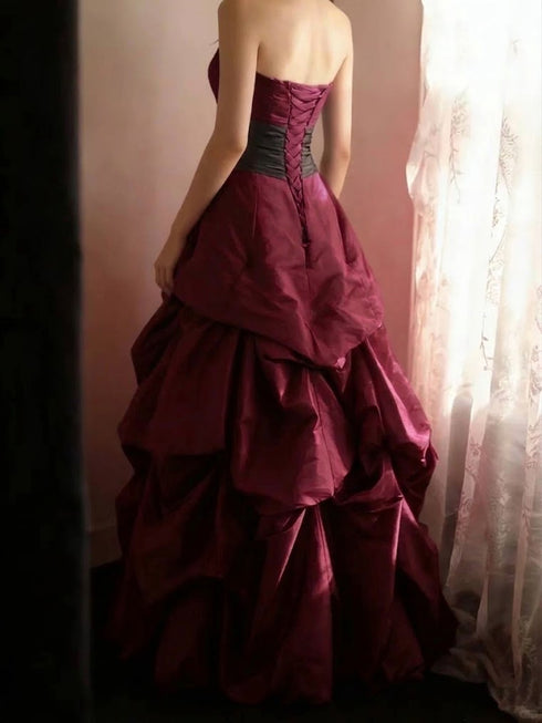 Wine Red Strapless Tiered Taffeta Evening Dress Party Dress, Wine Red Ball Gown Prom Dress