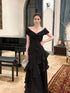 Black Off Shoulder Satin Layers Long Formal Dress, Black Satin V-neckline Prom Dress