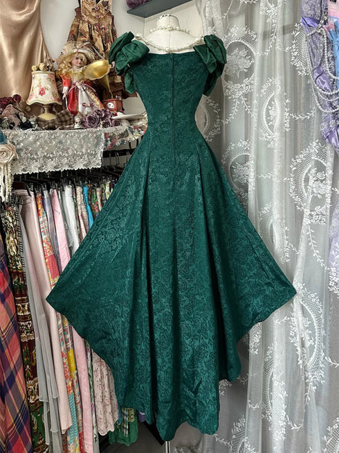 A-line Green Lace Short Sleeves Formal Dress Party Dress, Green Lace Homecoming Dress