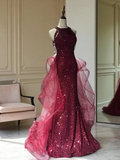 Lovely Wine Red Tulle and Sequins Halter Long Party Dress, Wine Red Prom Dress