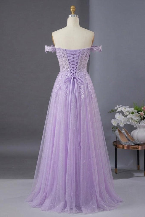 Off Shoulder Sweetheart Light Purple Shiny Lace Prom Dress, A-line Long Evening Dress