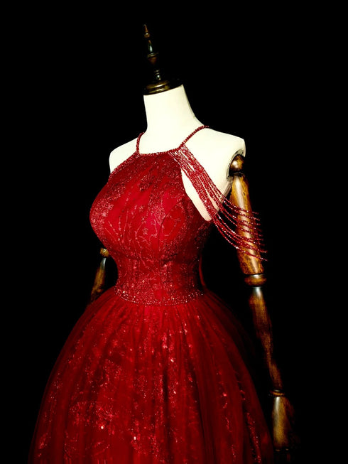 Wine Red Tulle Beaded Halter A-line Long Formal Dress, Wine Red Shiny Tulle Prom Dress