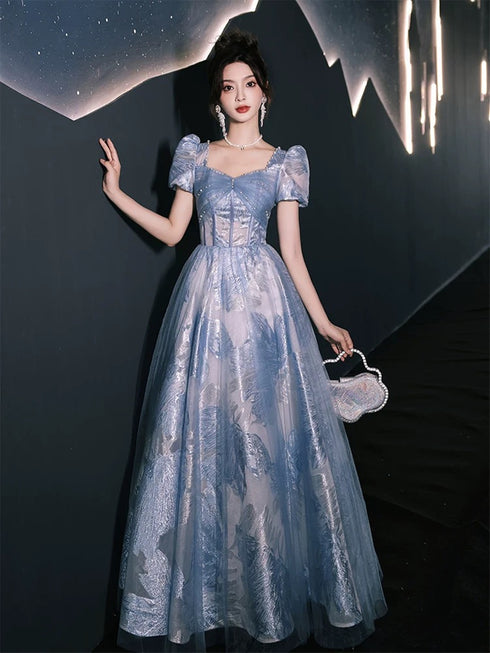 Blue A-line Short Sleeves Party Dress Prom Dress, Blue Floral Evening Dress