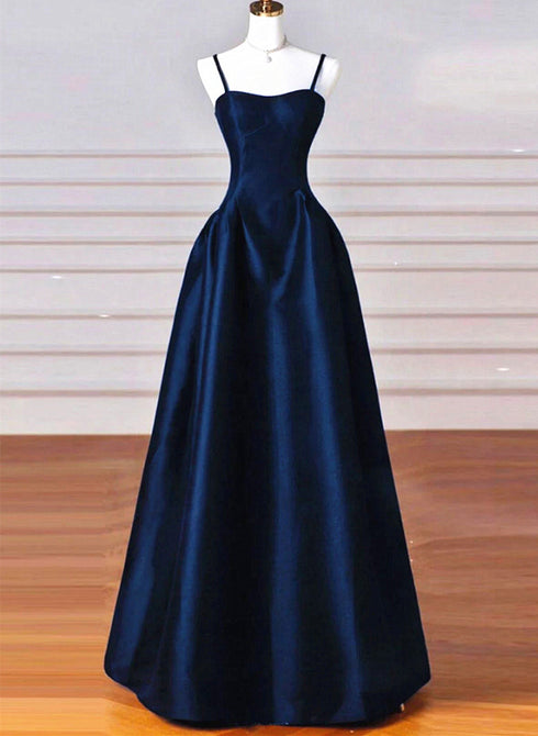 Simple Navy Blue Satin Straps Long Prom Dress, Navy Blue Party Dress