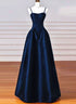 Simple Navy Blue Satin Straps Long Prom Dress, Navy Blue Party Dress