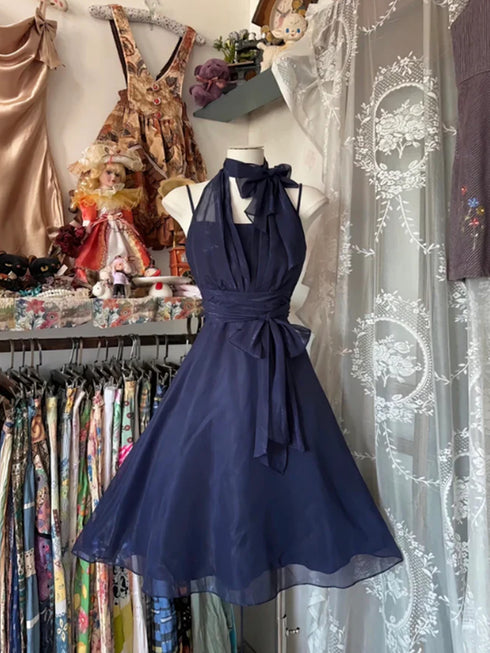 Navy Blue A-line Knee Length Homecoming Dress, Navy Blue Chiffon Short Party Dress