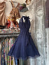 Navy Blue A-line Knee Length Homecoming Dress, Navy Blue Chiffon Short Party Dress
