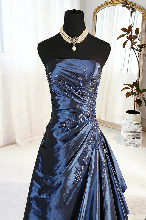 A-line Navy Blue Beaded Strapless Long Prom Dress, Elegant Blue Taffeta Evening Dress