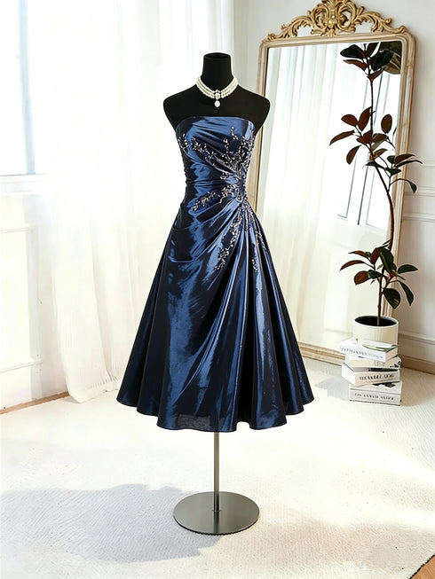 Cute Navy Blue Beaded Knee Length Homecoming Dress, A-line Navy Blue Short Prom Dress