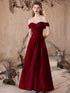 Wine Red Satin A-line Floor Length Party Dress, Off Shoulder Sweetheart Long Prom Dress