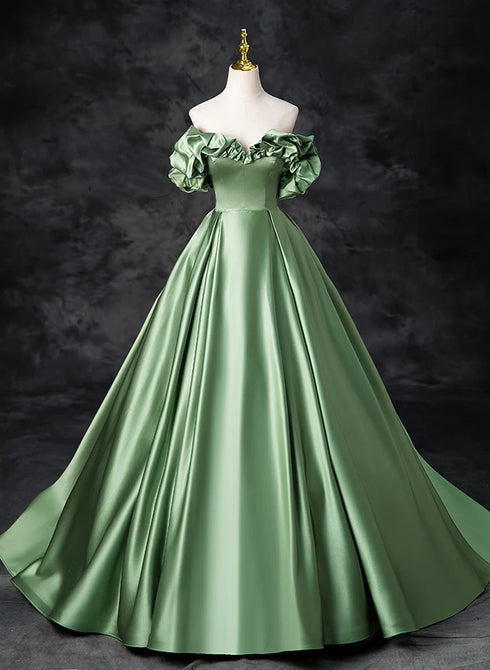 Green Satin Off Shoulder Long Party Dress, A-line Green Prom Dress