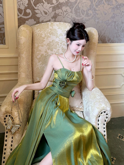 Green Straps A-line Satin Long Party Dress with Leg Slit, Green Satin Scoop Evening Dress