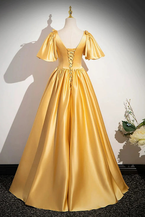 A-line Yellow Satin V-neckline Long Prom Dress, Yellow Satin Evening Dress