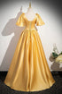 A-line Yellow Satin V-neckline Long Prom Dress, Yellow Satin Evening Dress