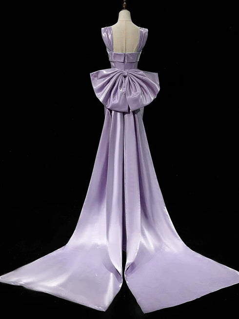 Purple Satin Mermaid Satin Long Party Dress with Bow, Purple Satin Evening Dress Prom Dress