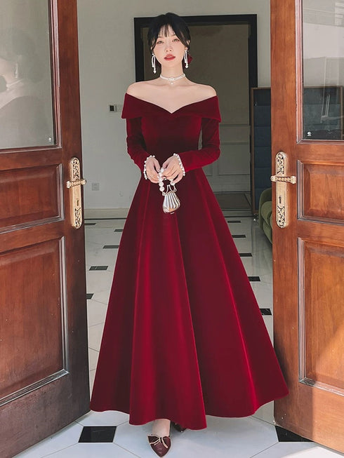 Wine Red Velvet Long Sleeves A-line Evening Dress, Wine Red Velvet Prom Dress
