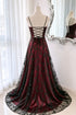 Black and Red Gothic Straps Long Prom Dress, A-line Strapless Lace Formal Evening Dress