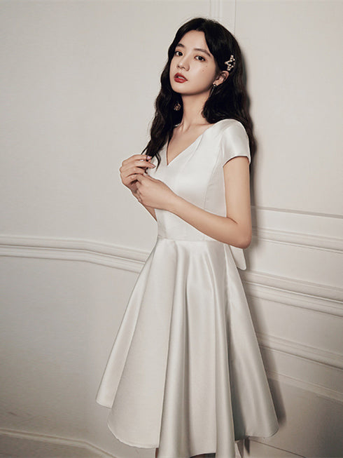 White Satin Simple Knee Length Homecoming Dress, White Satin Graudation Drses