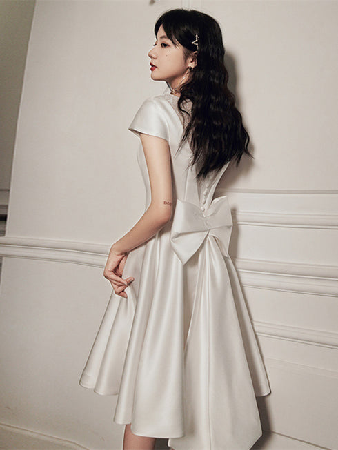 White Satin Simple Knee Length Homecoming Dress, White Satin Graudation Drses