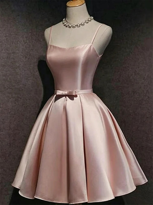Pink Satin Spaghetti Strap Homecoming Dress, A-Line Short Evening Party Dress with Bow