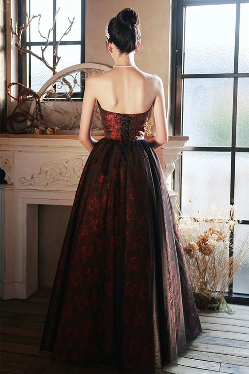 A-line V-neckline Floral Satin Black and Red Party Dress, Strapless Long Prom Dress