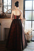 A-line V-neckline Floral Satin Black and Red Party Dress, Strapless Long Prom Dress