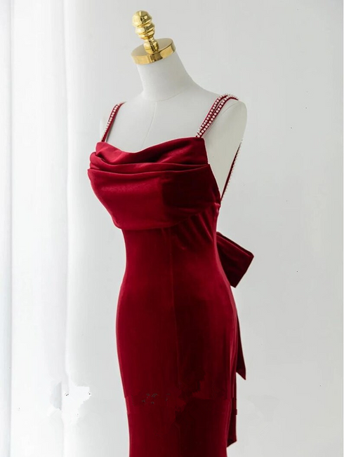 Wine Red Straps Low Back Mermaid Long Party Dress, Wine Red Evening Dress