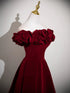 Wine Red A-line Off Shoulder Velvet Floor Length Prom Dress, Wine Red Wedding Party Dress