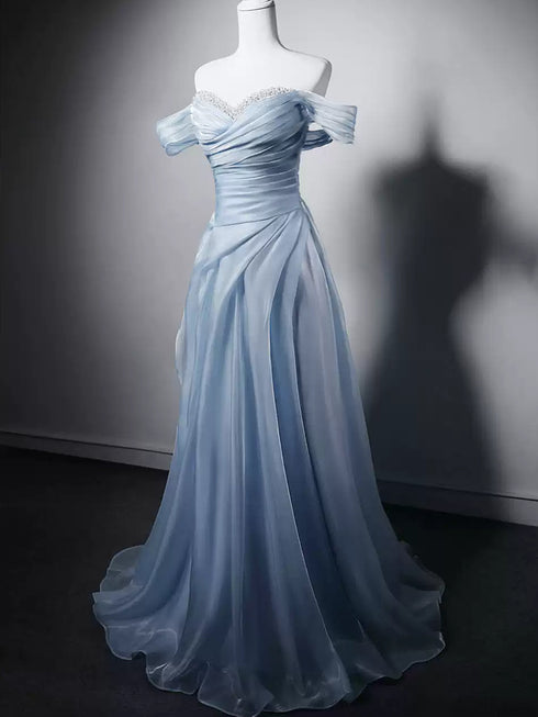 Light Blue Beaded A-line Strapless Long Formal Dress, Light Blue Long Prom Dress Evening Gown