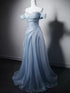 Light Blue Beaded A-line Strapless Long Formal Dress, Light Blue Long Prom Dress Evening Gown