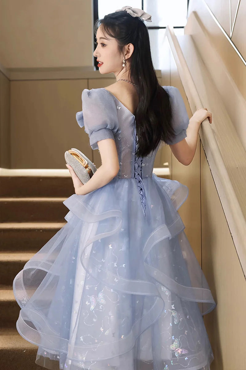 Light Blue Tea Length Short Sleeves Party Dress with Lace, Light Blue