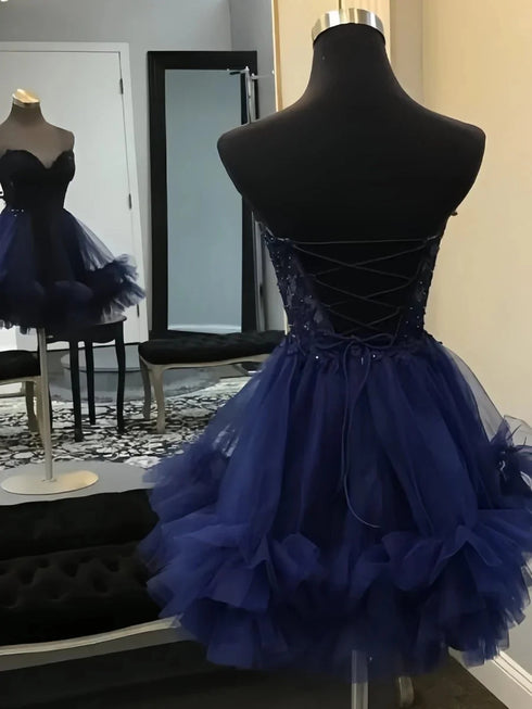 A-line Cute Beaded Navy Blue Straps V-neckline Party Dress, Navy Blue Tulle Homecoming Dress