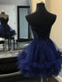 A-line Cute Beaded Navy Blue Straps V-neckline Party Dress, Navy Blue Tulle Homecoming Dress